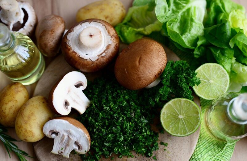 mushrooms, vegetables, herbs
