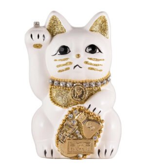 まねき猫 右手あげ招き猫 白色 陶器 風水置物 商売繁盛 Lucky Cat ご縁猫 ミリオネアキャット