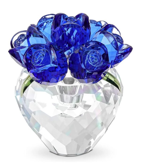 青いバラの花 ガラスの風水置物 ブルーローズ 薔薇の花束と花瓶の小さなクリスタル オブジェ