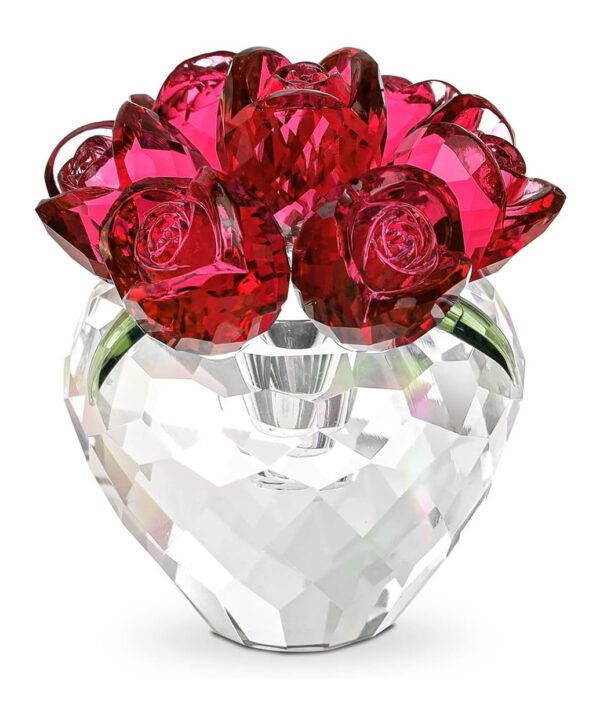 赤い薔薇の花 ガラスの風水置物 レッドローズ バラ花束と花瓶の小さなクリスタル オブジェ