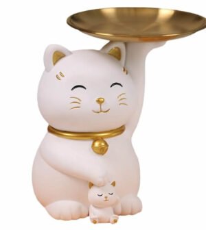 白い招き猫 置物 風水インテリア雑貨 カワイイ親子猫 金のトレー 小物置き