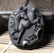 2026年午年 開運風水グッズ パワーストーン 天然石・オブシディアン黒曜石 黒い馬のペンダント ネックレス 干支十二支