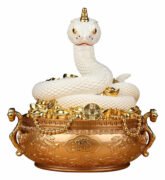 白蛇の置物 風水 玄関飾り 聚寶盆（じゅほうぼん）金運・開運・財宝・招財進寶 2025年 巳年 へび ホワイト