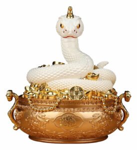 白蛇と聚寶盆（じゅほうぼん）の置物 風水 玄関飾り 金運・開運・財宝・招財進寶 2025年 巳年 へび ホワイト