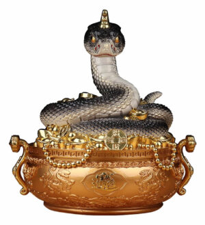 黒い蛇と聚寶盆（じゅほうぼん）の置物 風水 玄関飾り 厄除け・魔除け・金運・財運・招財進寶 2025年 巳年 へび ブラック