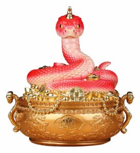 赤い蛇と聚寶盆（じゅほうぼん）の置物 風水 玄関飾り 勝負運・合格祈願・仕事運・財運・招財進寶 2025年 巳年 赤色 へび 赤蛇 レッド