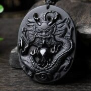 辰年 開運風水グッズ パワーストーン 天然石・オブシディアン黒曜石 黒い龍のペンダント ネックレス 干支十二支