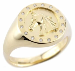メンズ18金ゴールド 馬のシグネットリング 印台 ダイヤモンド 指輪