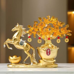 招財樹（金のなる木）と馬の風水置物 金色 元宝 商売繁盛 金運